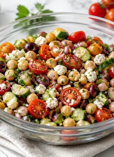 Delicious Greek Chickpea Salad with fresh vegetables and herbs