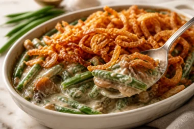 Green bean casserole topped with homemade mushroom sauce and crispy onions