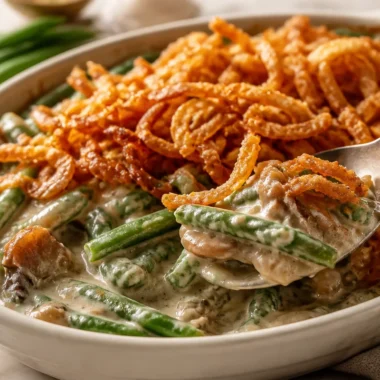 Green bean casserole topped with homemade mushroom sauce and crispy onions