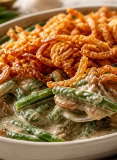 Green bean casserole topped with homemade mushroom sauce and crispy onions
