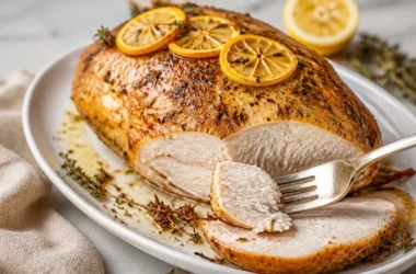 Juicy herb roasted turkey breast garnished with fresh herbs
