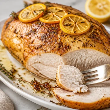 Herb Roasted Turkey Breast 35 Juicy herb roasted turkey breast garnished with fresh herbs