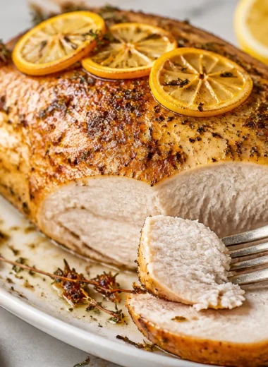 Juicy herb roasted turkey breast garnished with fresh herbs