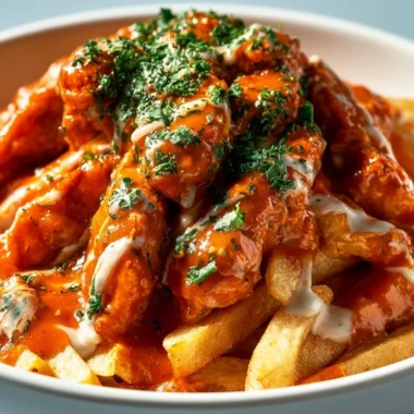 Delicious homemade currywurst served on a plate with curry powder and sauce.