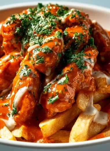 Delicious homemade currywurst served on a plate with curry powder and sauce.