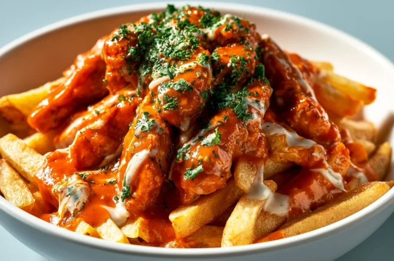 Delicious homemade currywurst served on a plate with curry powder and sauce.