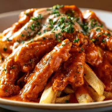 Delicious homemade currywurst served with sauce and sides