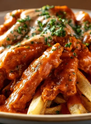 Delicious homemade currywurst served with sauce and sides