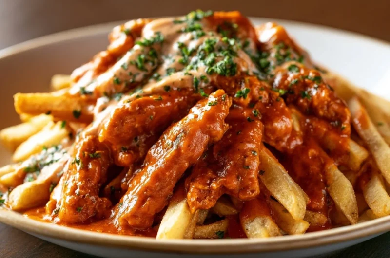 Delicious homemade currywurst served with sauce and sides