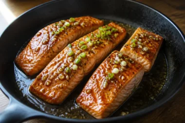 Delicious Honey Garlic Salmon served with vegetables and garnish