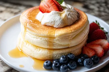 Fluffy Japanese souffle pancakes served with fruit and syrup