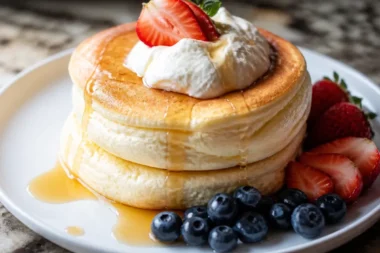 Fluffy Japanese souffle pancakes served with fruit and syrup
