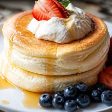 Fluffy Japanese souffle pancakes served with fruit and syrup