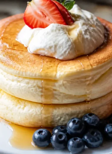 Fluffy Japanese souffle pancakes served with fruit and syrup