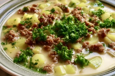 Lauchsuppe with minced meat in a bowl garnished with fresh herbs