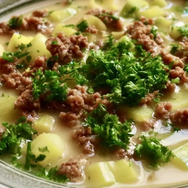 Lauchsuppe mit Hackfleisch 36 Lauchsuppe with minced meat in a bowl garnished with fresh herbs