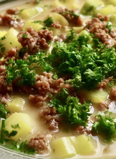 Lauchsuppe with minced meat in a bowl garnished with fresh herbs