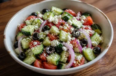 Fresh Mediterranean cucumber tomato salad with herbs and dressing