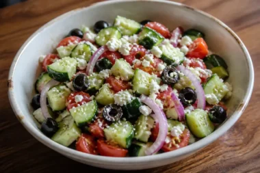 Fresh Mediterranean cucumber tomato salad with herbs and dressing