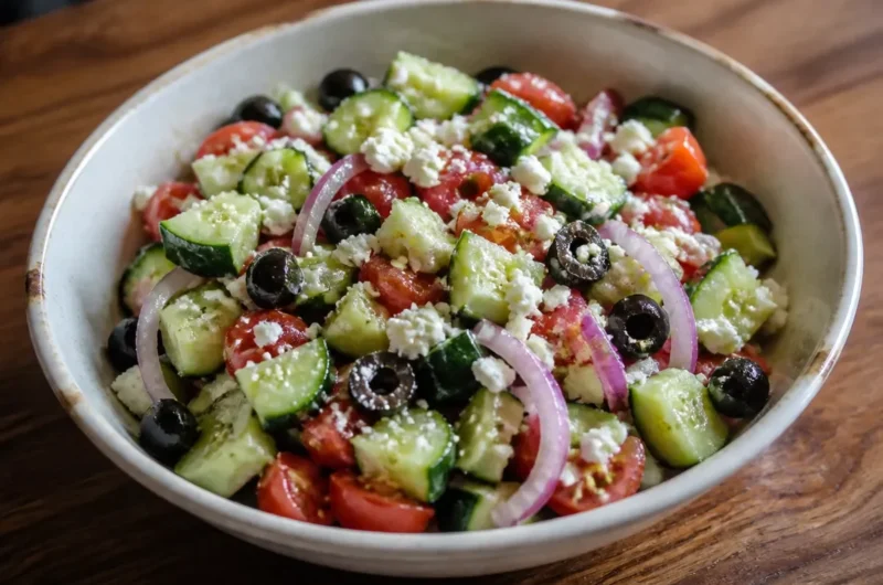 Fresh Mediterranean cucumber tomato salad with herbs and dressing
