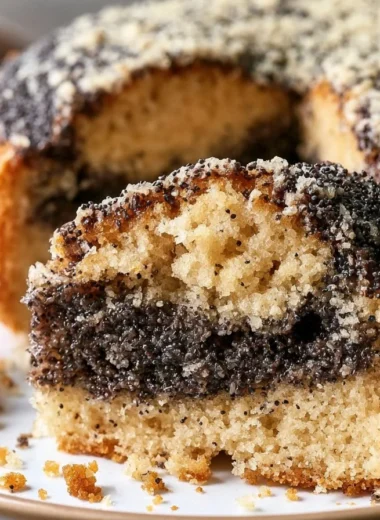 Delicious slice of Mohnkuchen, a traditional German poppy seed cake.
