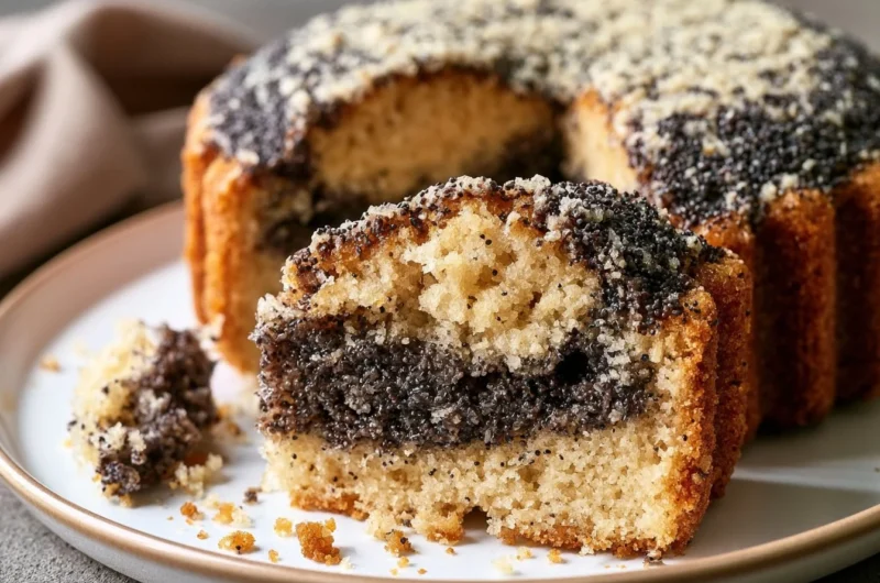 Delicious slice of Mohnkuchen, a traditional German poppy seed cake.