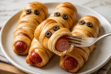 Plate of mummy hot dogs wrapped in pastry, perfect for Halloween snacks.