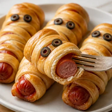 Plate of mummy hot dogs wrapped in pastry, perfect for Halloween snacks.