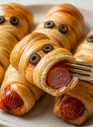 Plate of mummy hot dogs wrapped in pastry, perfect for Halloween snacks.