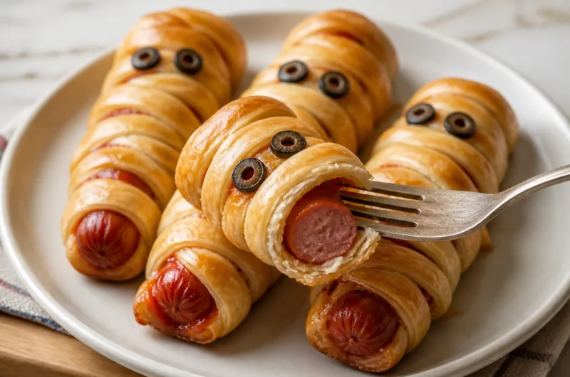 Plate of mummy hot dogs wrapped in pastry, perfect for Halloween snacks.