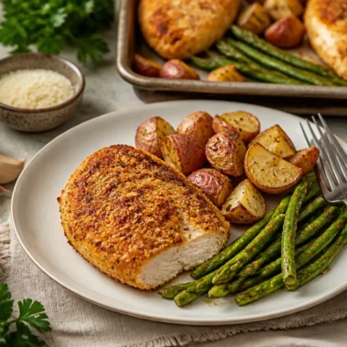 Parmesan Crusted Chicken Sheet Pan Dinner 32 Parmesan Crusted Chicken Sheet Pan Dinner with vegetables and herbs