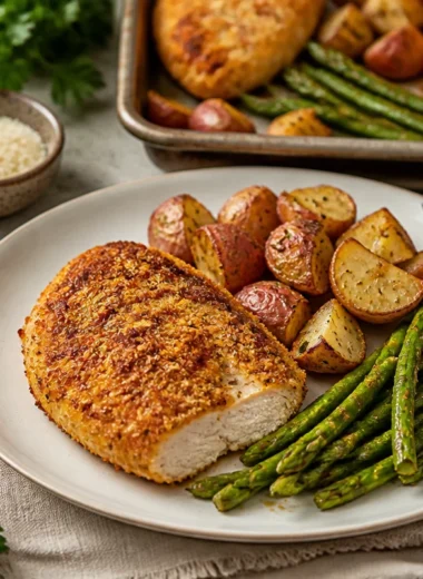 Parmesan Crusted Chicken Sheet Pan Dinner with vegetables and herbs