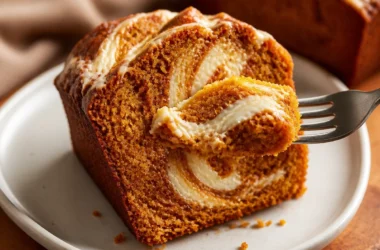 Delicious pumpkin bread with cream cheese swirl on a rustic wooden table.