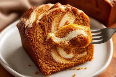 Delicious pumpkin bread with cream cheese swirl on a rustic wooden table.