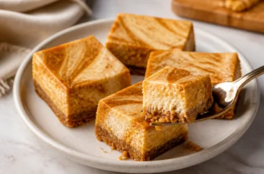 Delicious pumpkin cheesecake bars topped with whipped cream and spices