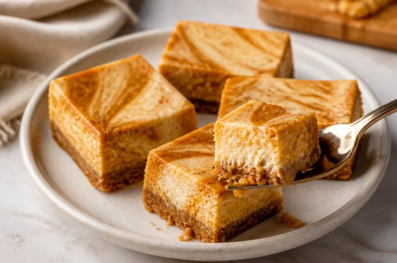 Delicious pumpkin cheesecake bars topped with whipped cream and spices