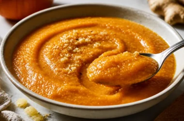 Delicious bowl of pumpkin soup with ginger and herbs