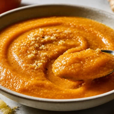 Delicious bowl of pumpkin soup with ginger and herbs