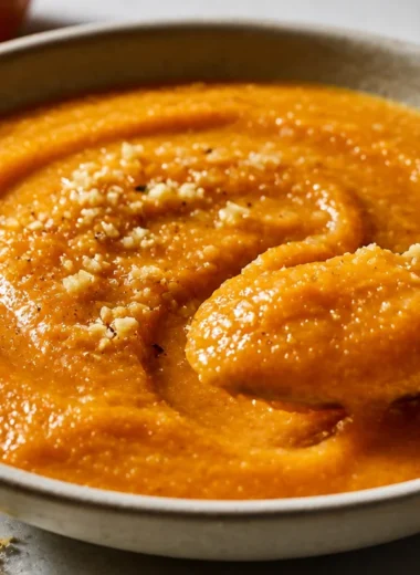 Delicious bowl of pumpkin soup with ginger and herbs