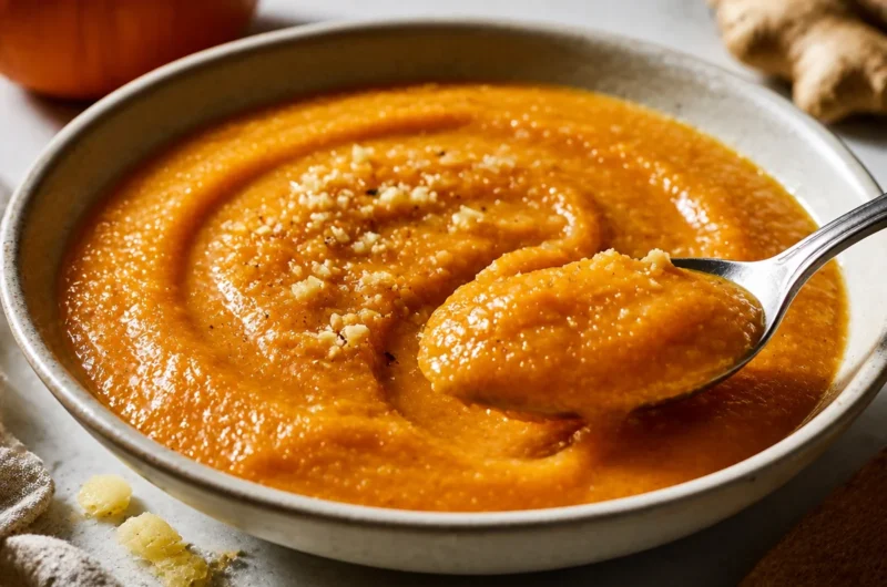 Delicious bowl of pumpkin soup with ginger and herbs