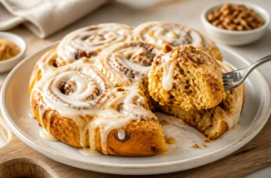 Freshly baked Pumpkin Spice Cinnamon Rolls with icing on a plate