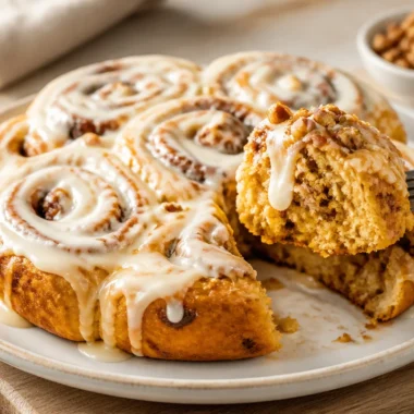 Freshly baked Pumpkin Spice Cinnamon Rolls with icing on a plate