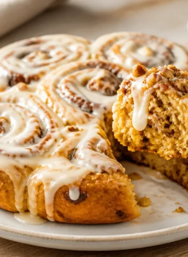 Freshly baked Pumpkin Spice Cinnamon Rolls with icing on a plate