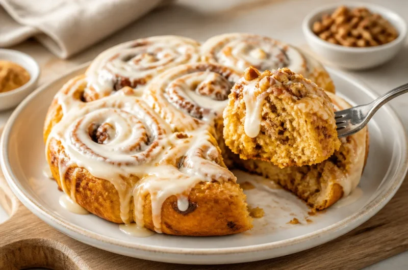 Freshly baked Pumpkin Spice Cinnamon Rolls with icing on a plate