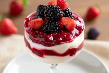 Delicious Rote Grütze dessert made with mixed berries, served in a bowl.