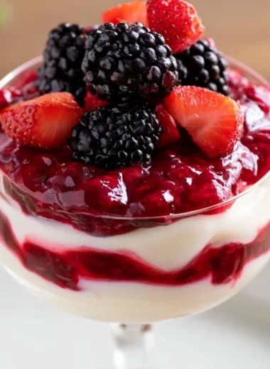 Delicious Rote Grütze dessert made with mixed berries, served in a bowl.