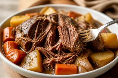 Delicious slow cooker pot roast served with vegetables on a plate