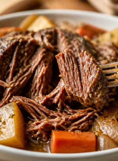Delicious slow cooker pot roast served with vegetables on a plate