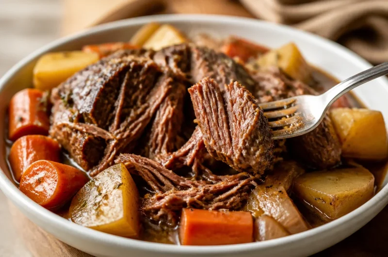 Delicious slow cooker pot roast served with vegetables on a plate