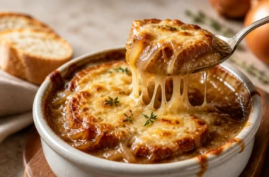Delicious Soupe à l'Oignon Gratinée topped with melted cheese and crispy bread